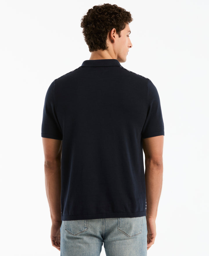 Cotton Chainstitch Grid Button Front Sweater (Dark Sapphire) 