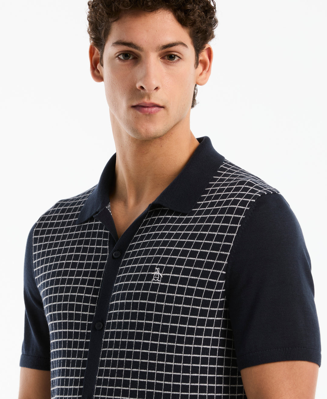 Cotton Chainstitch Grid Button Front Sweater (Dark Sapphire) 