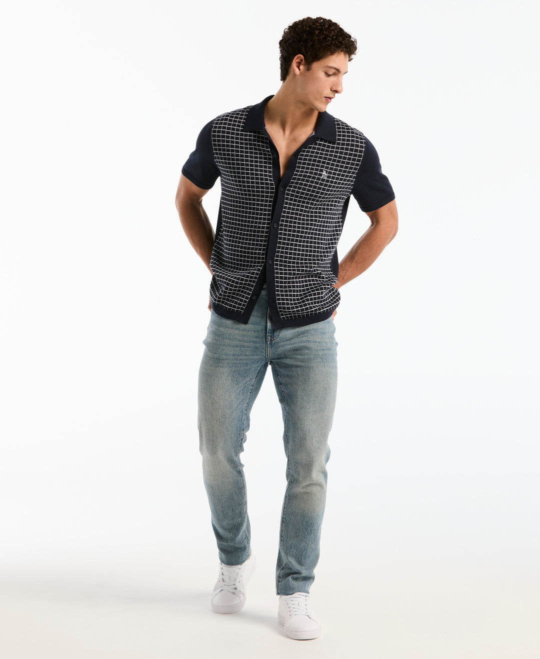 Cotton Chainstitch Grid Button Front Sweater (Dark Sapphire) 