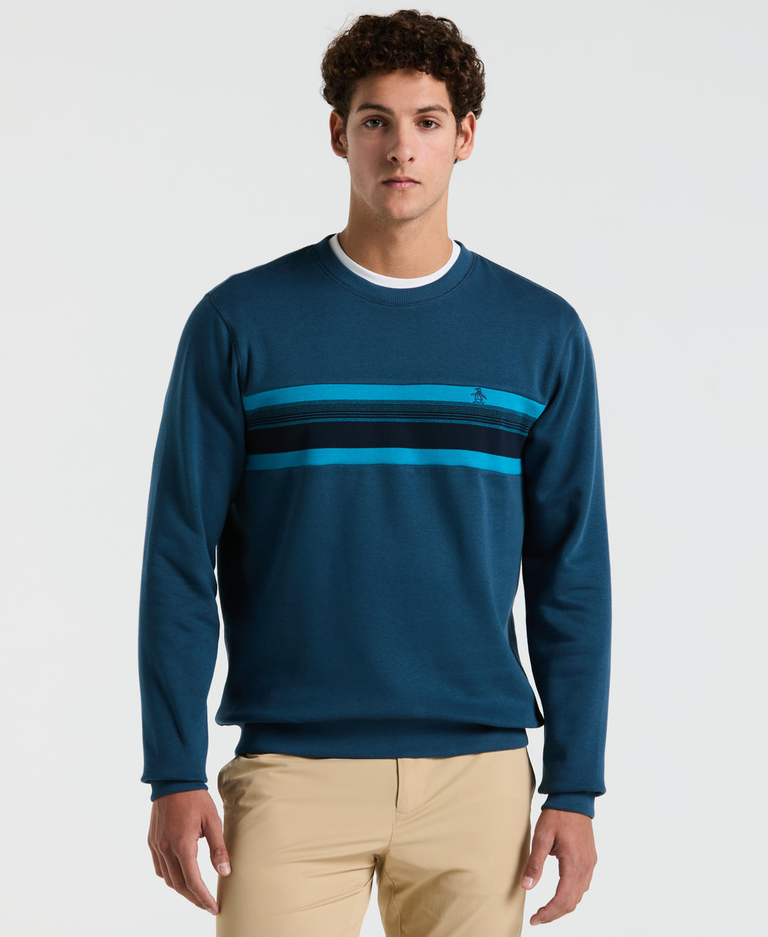 Fleece Chest Stripe Crew Neck Sweater (Blue Wing Teal) 