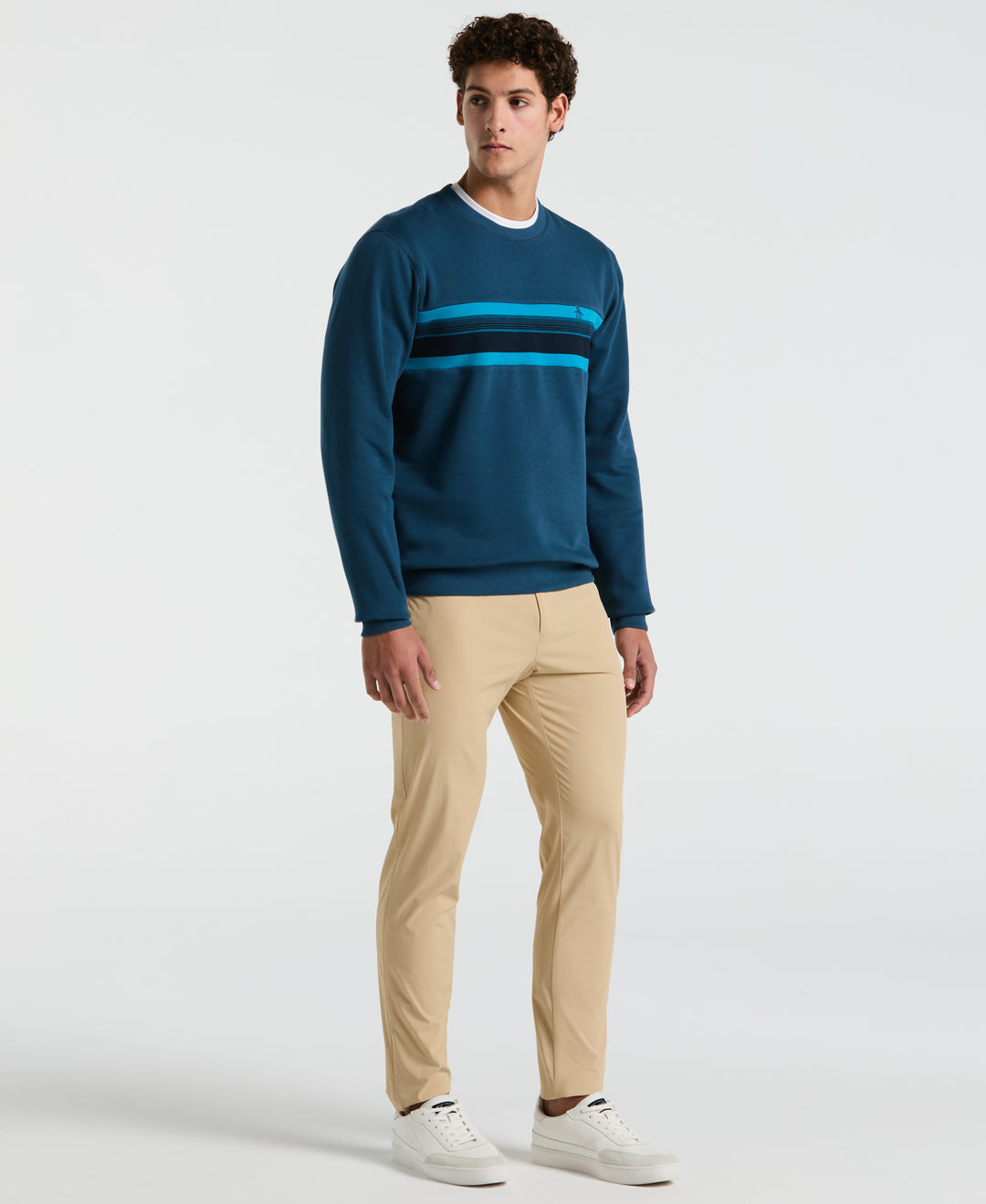 Fleece Chest Stripe Crew Neck Sweater (Blue Wing Teal) 