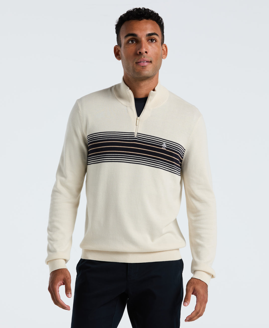 Cotton Engineered Chest Stripe 1/4 Zip Sweater (Birch) 
