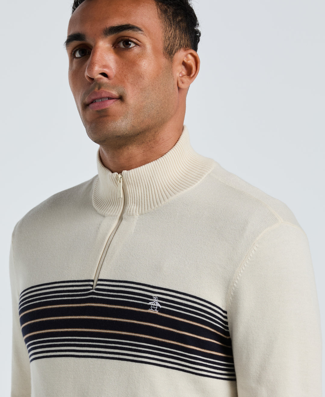 Cotton Engineered Chest Stripe 1/4 Zip Sweater (Birch) 