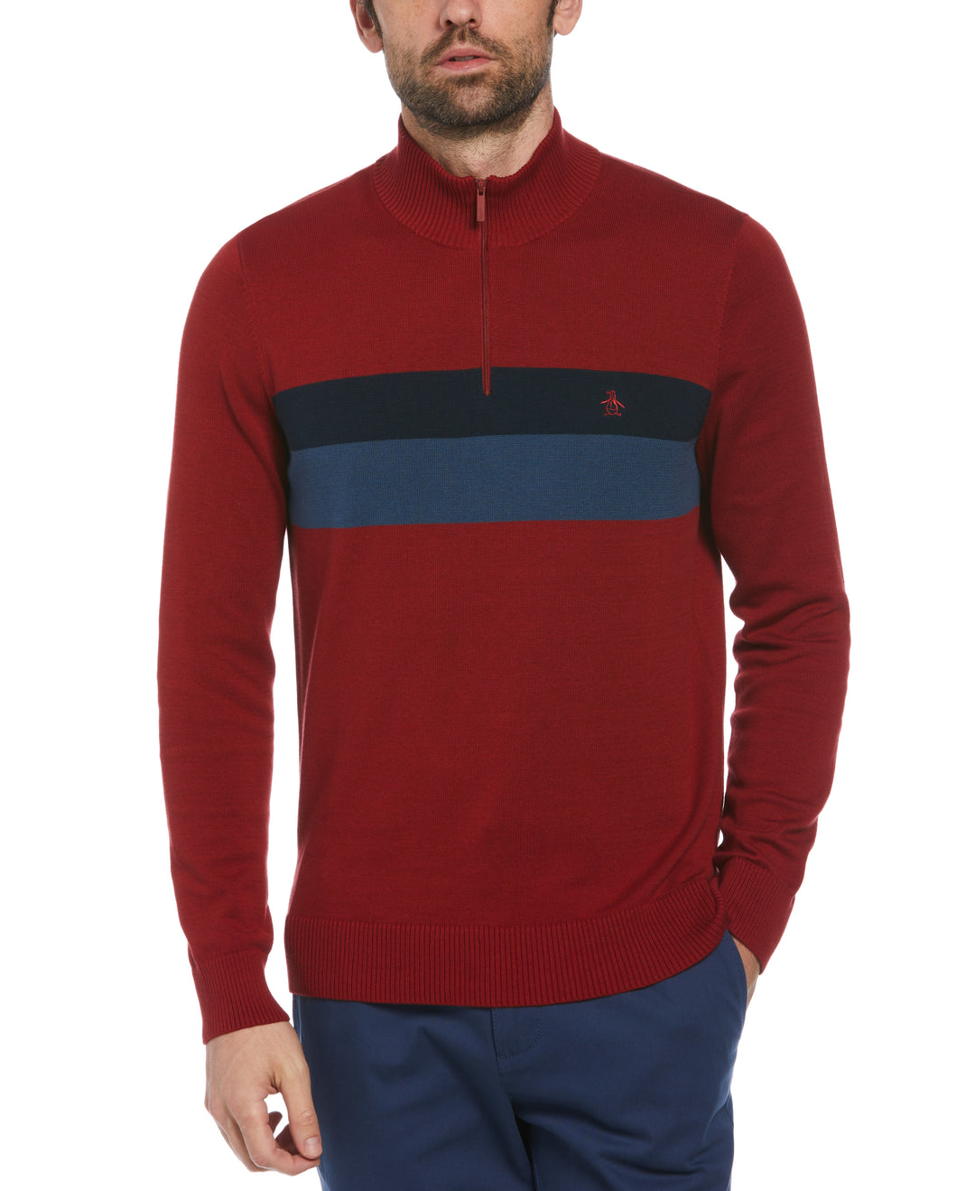 Color Block 1/4 Zip Sweater (Red Dahlia) 