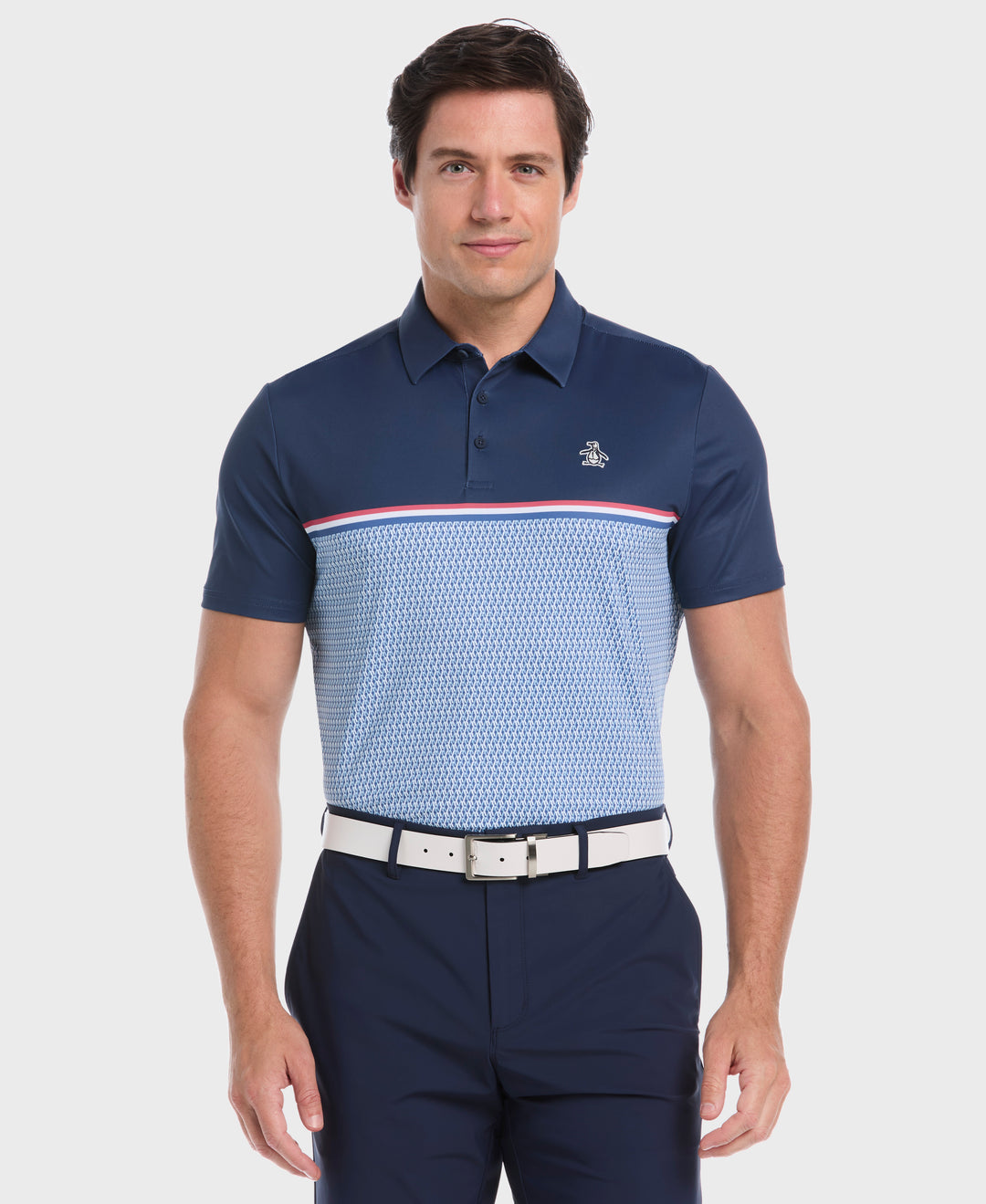 English "P" Color Block Print Golf Polo (Black Iris) 