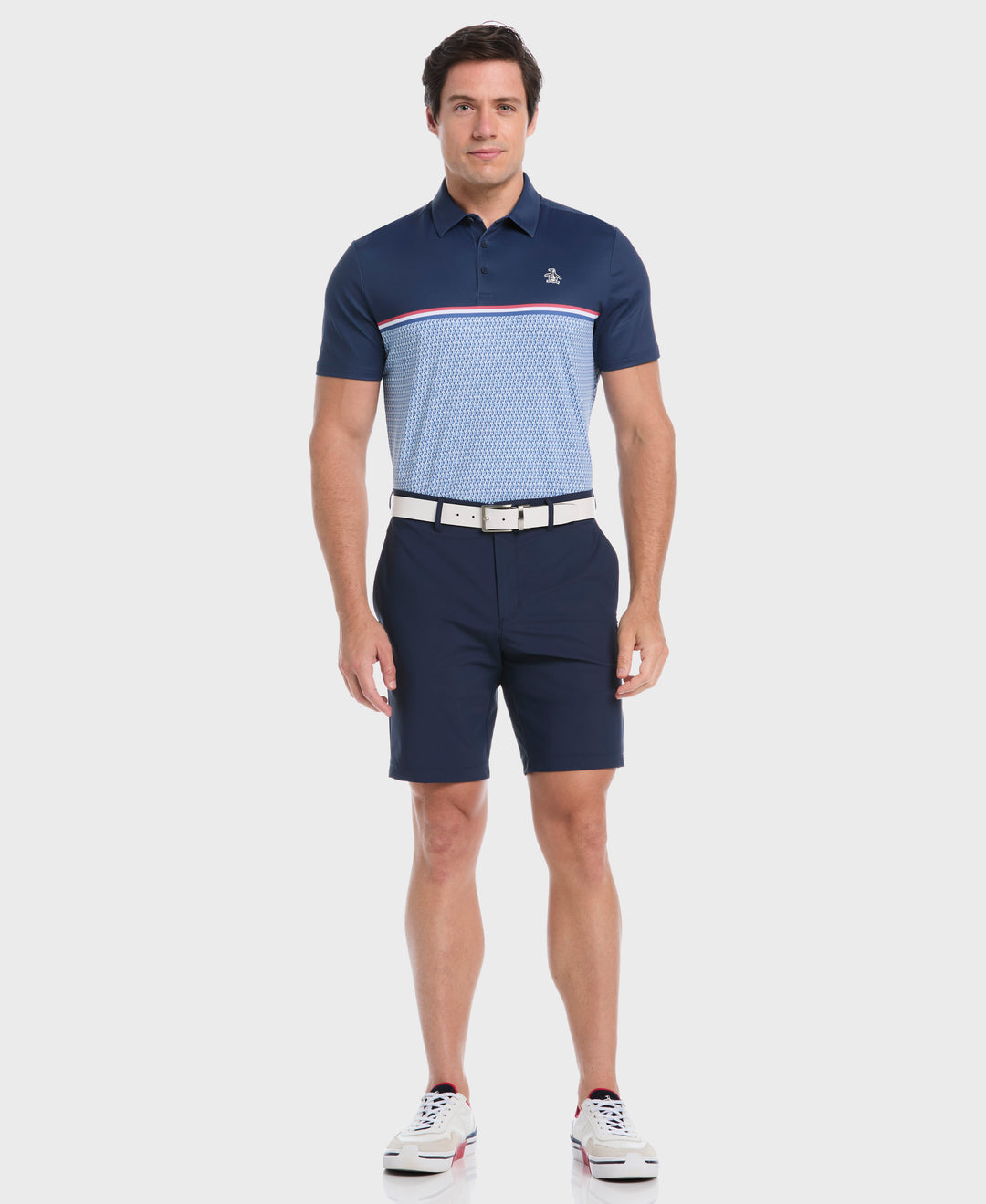 English "P" Color Block Print Golf Polo (Black Iris) 