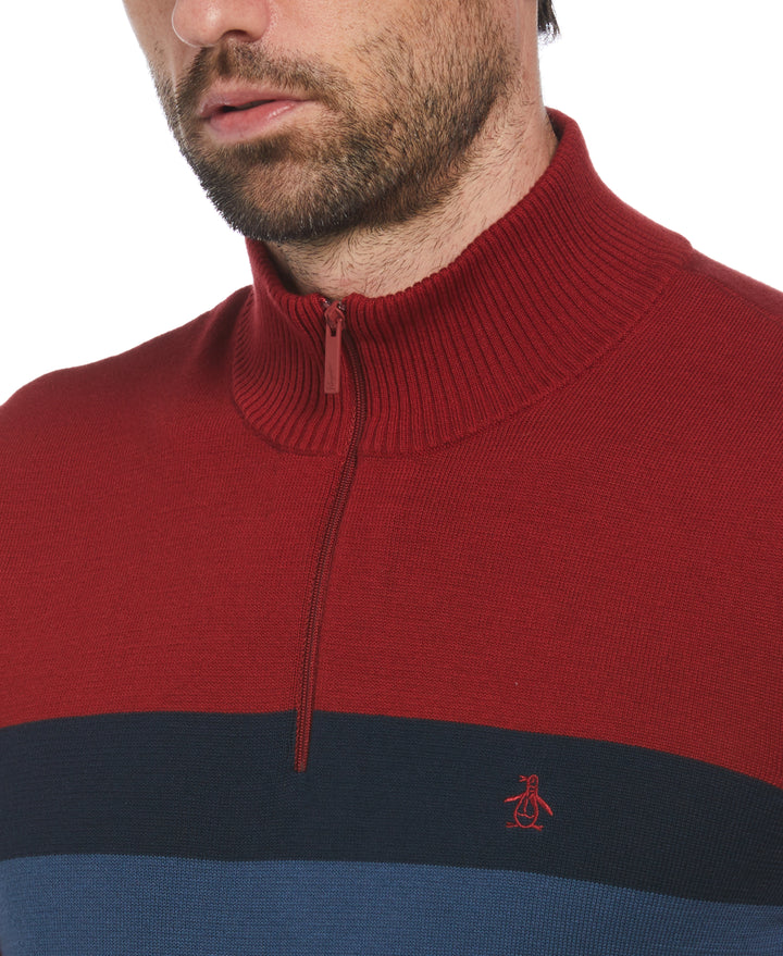 Color Block 1/4 Zip Sweater (Red Dahlia) 