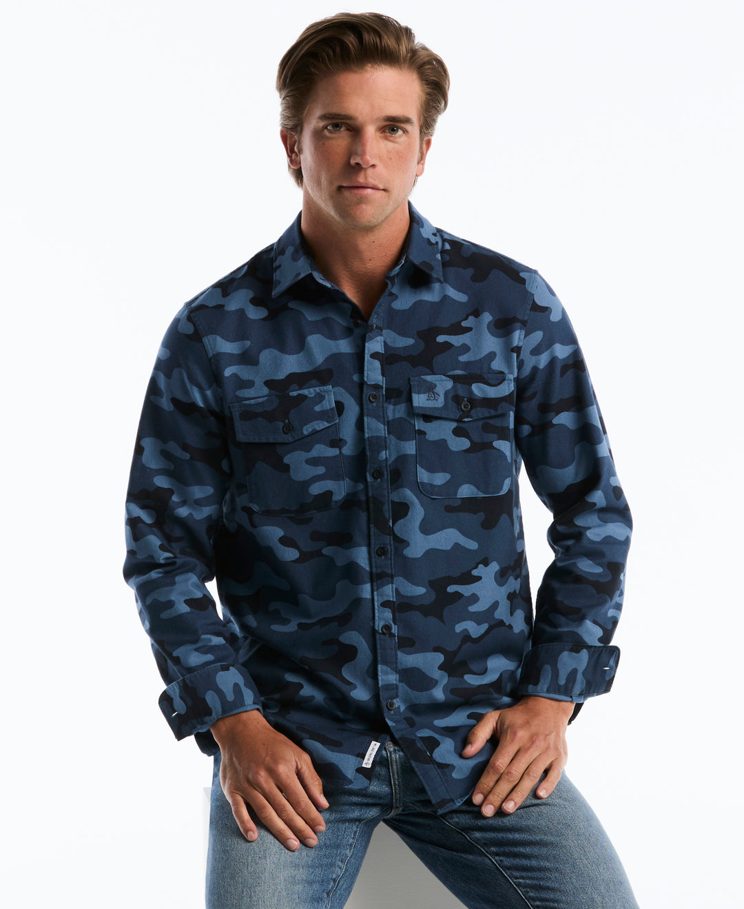 Cotton All-Over Camo Print Overshirt (Sargasso Sea) 