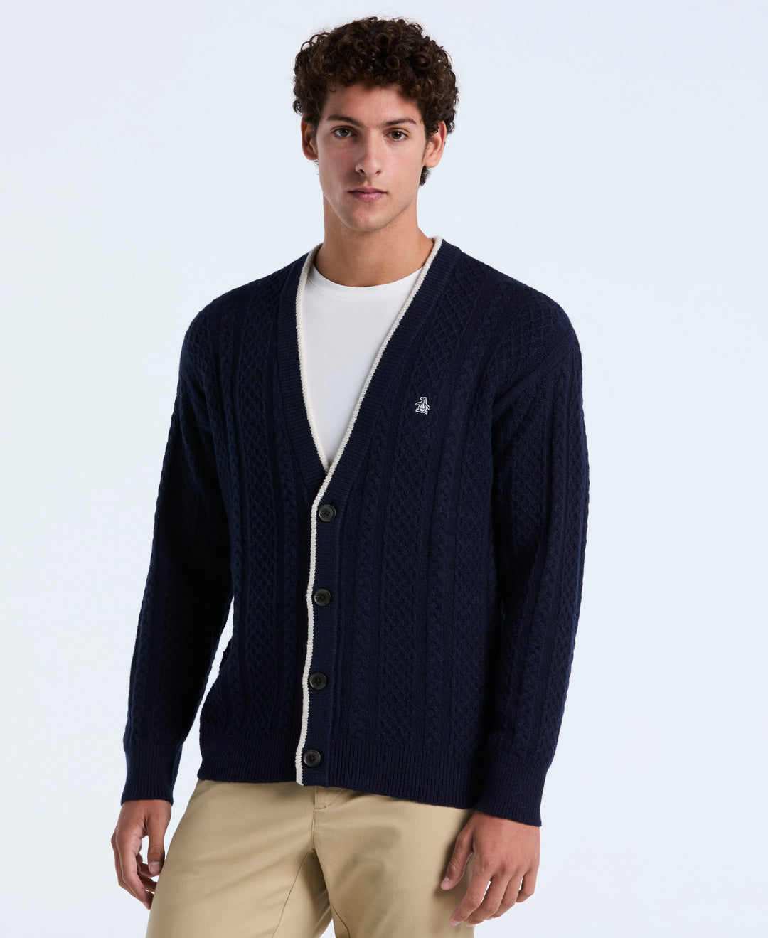 Cotton Blend Cable Knit Cardigan (Dark Sapphire) 