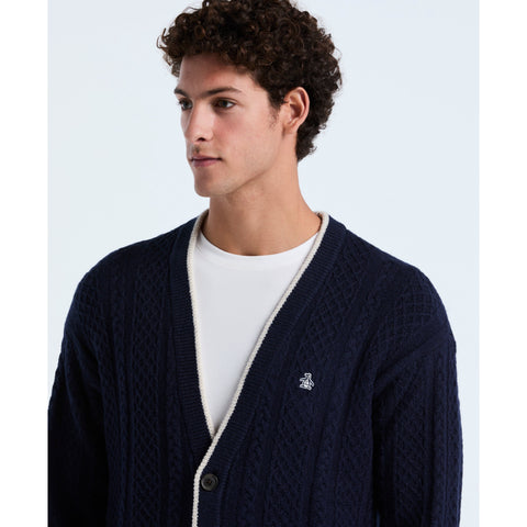 Cotton Blend Cable Knit Cardigan (Dark Sapphire) 