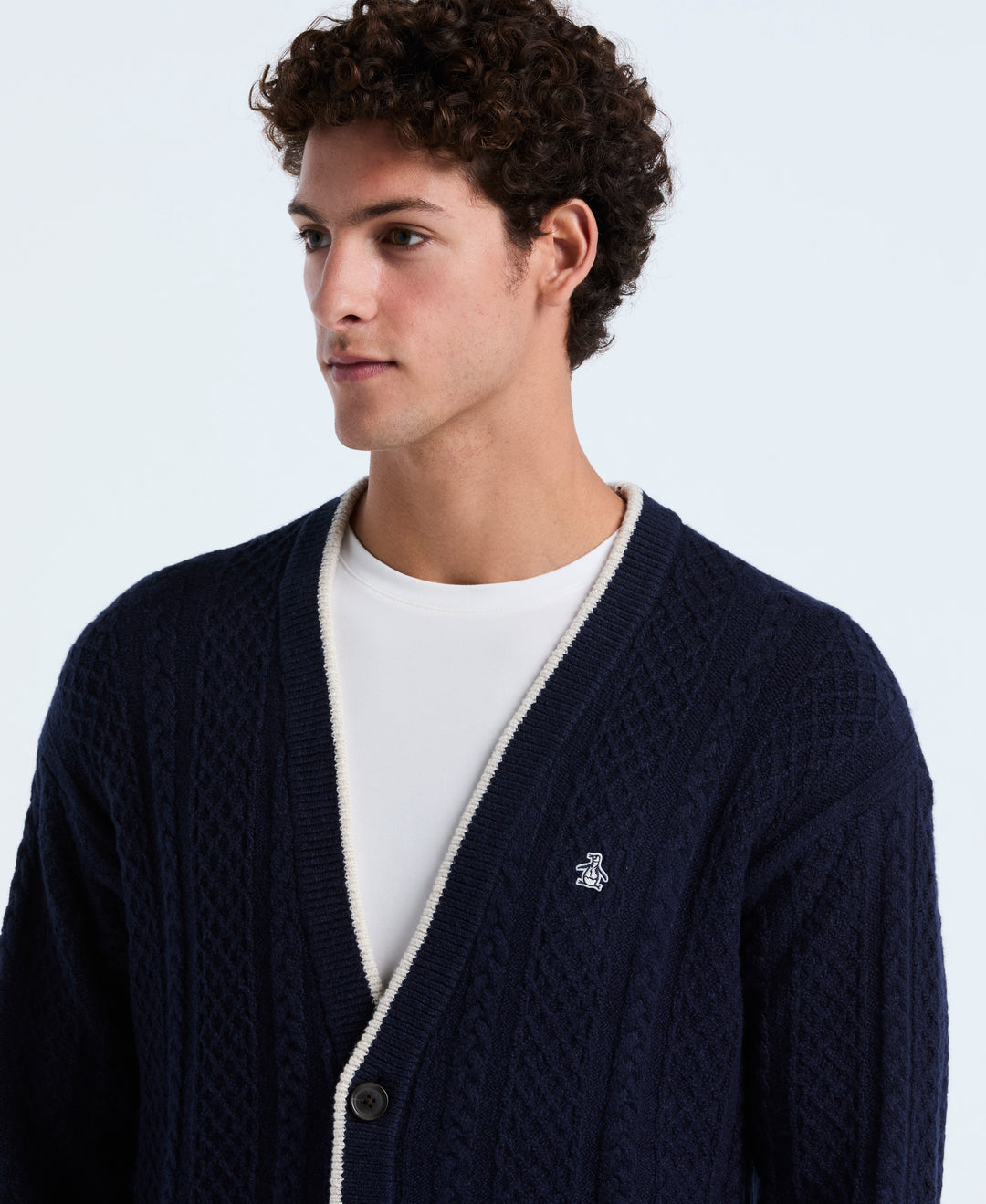 Cotton Blend Cable Knit Cardigan (Dark Sapphire) 