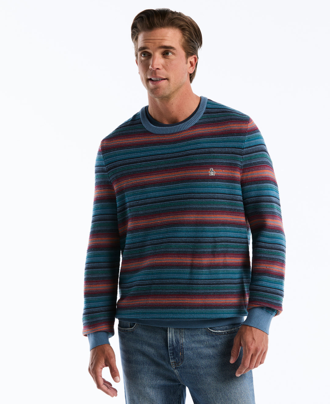 Cotton Blend Striped Crewneck Sweater (Copen Blue) 