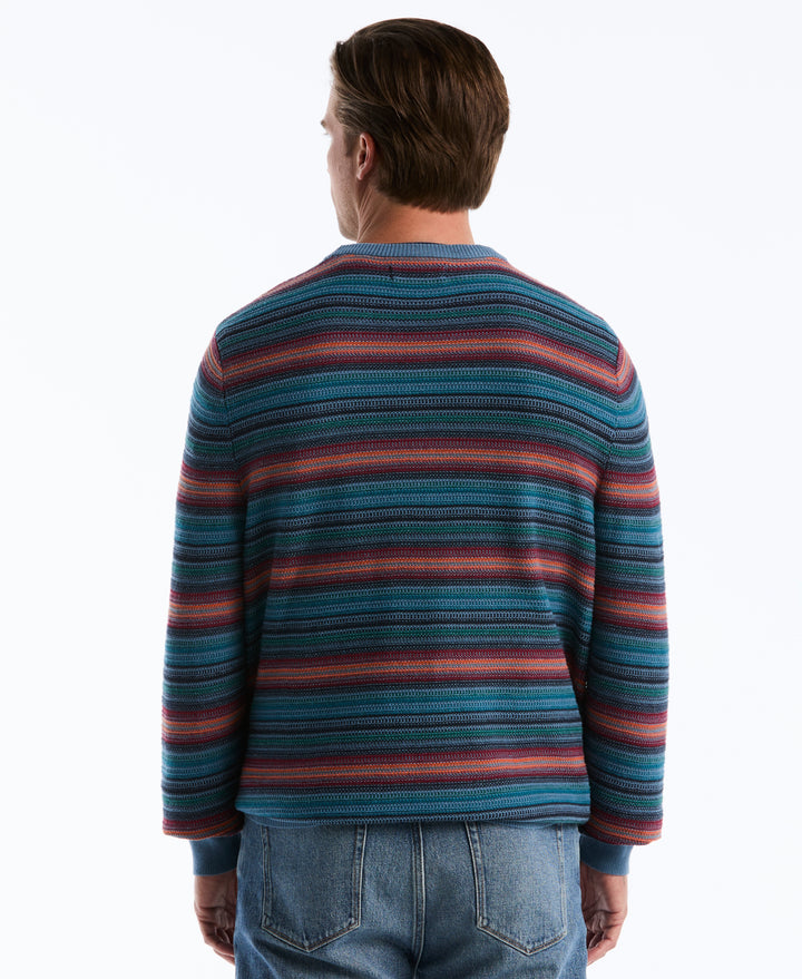 Cotton Blend Striped Crewneck Sweater (Copen Blue) 