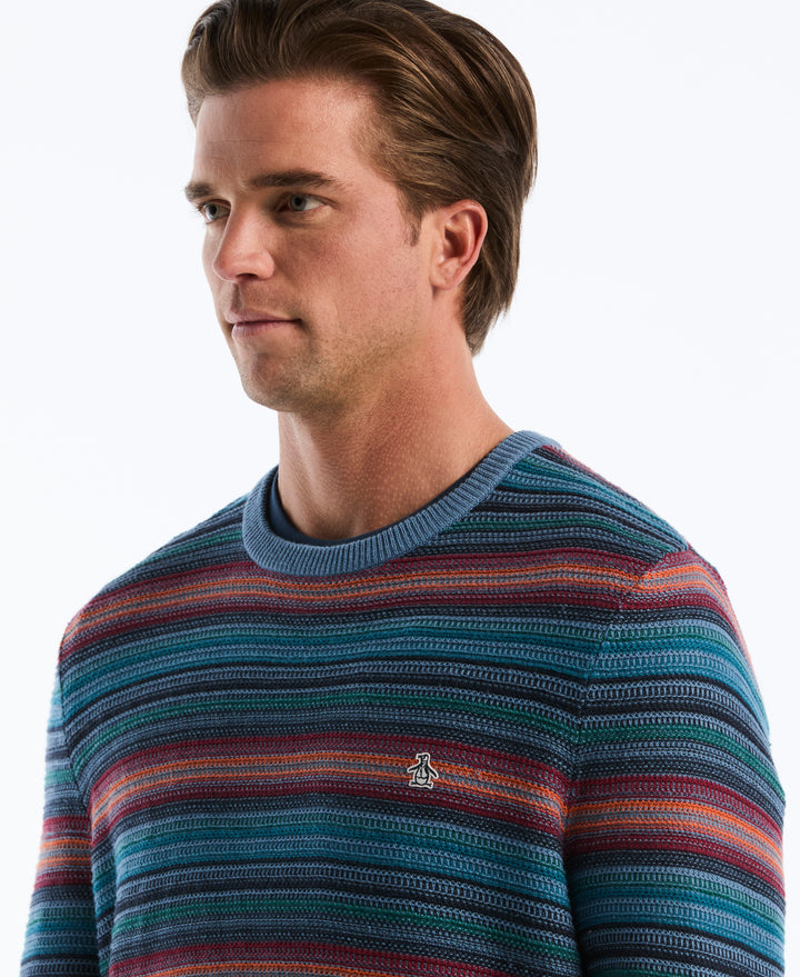 Cotton Blend Striped Crewneck Sweater (Copen Blue) 