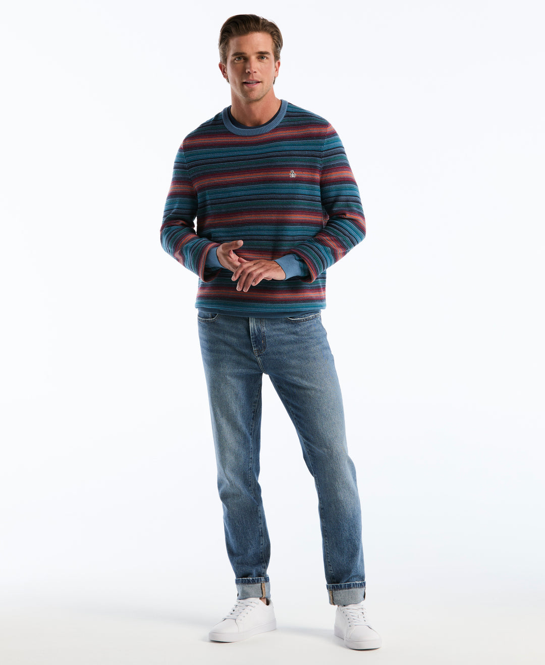 Cotton Blend Striped Crewneck Sweater (Copen Blue) 
