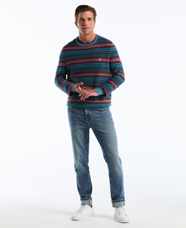 Cotton Blend Striped Crewneck Sweater (Copen Blue) 