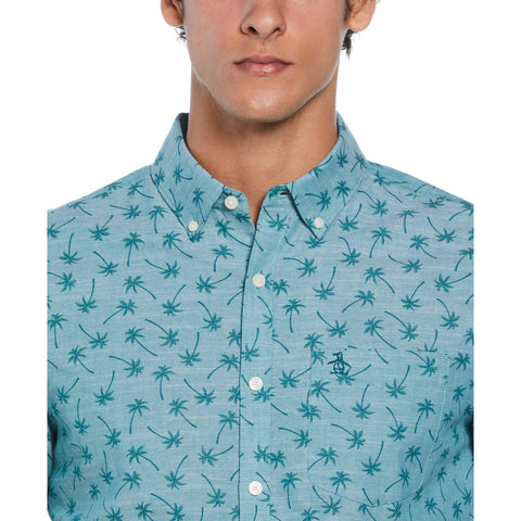 Cotton Chambray Palm Shirt  (Teal) 