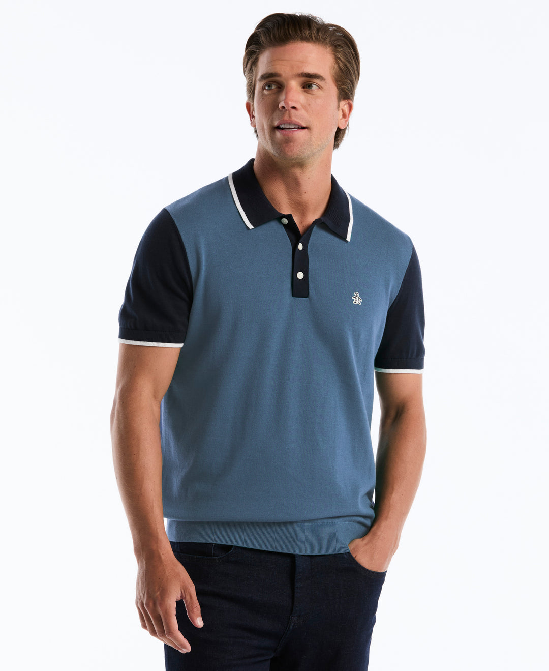 Cotton Colorblock Sweater Polo (Dark Sapphire) 