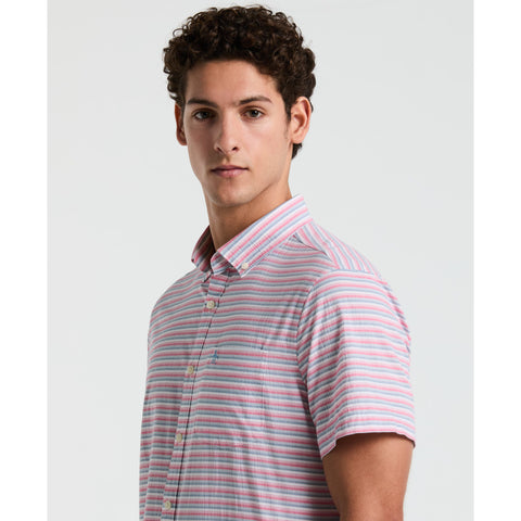 Cotton Crinkle Yarn Stripe Shirt (Raspberry) 
