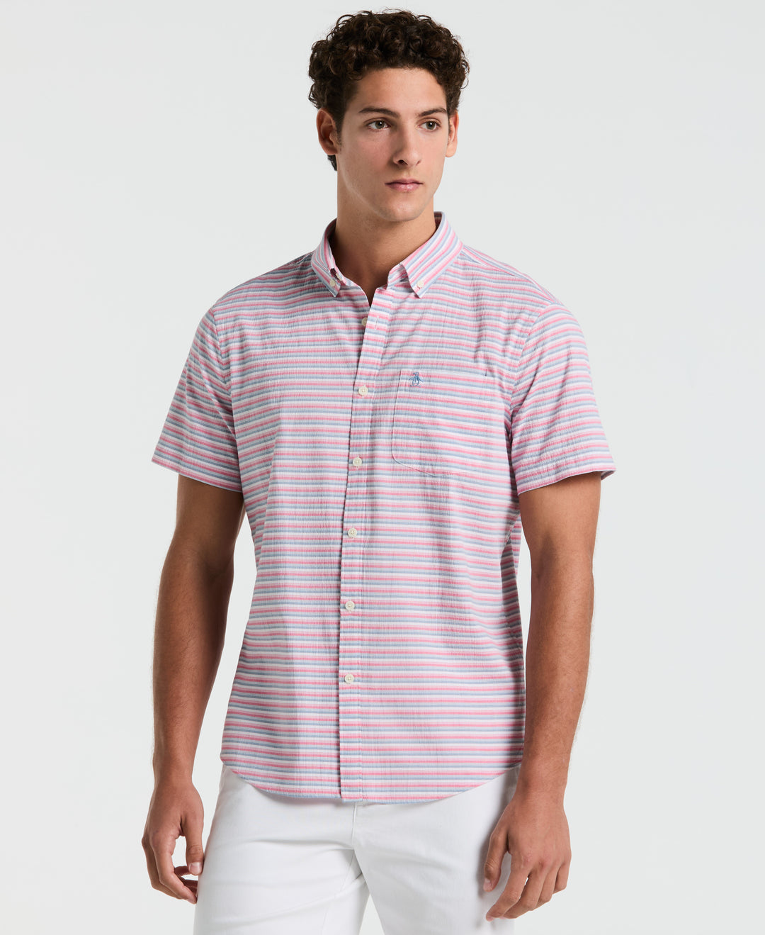 Cotton Crinkle Yarn Stripe Shirt (Raspberry) 