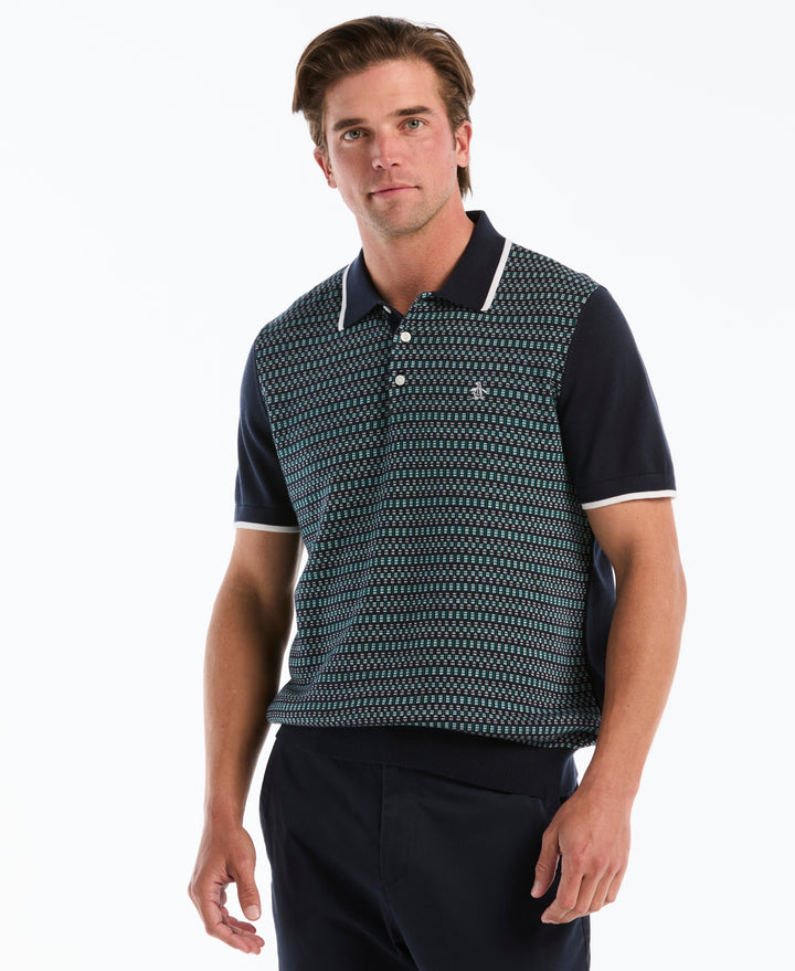 Cotton Geometric Jacquard Sweater Polo (Dark Sapphire) 