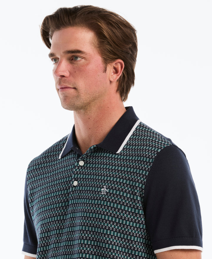 Cotton Geometric Jacquard Sweater Polo (Dark Sapphire) 
