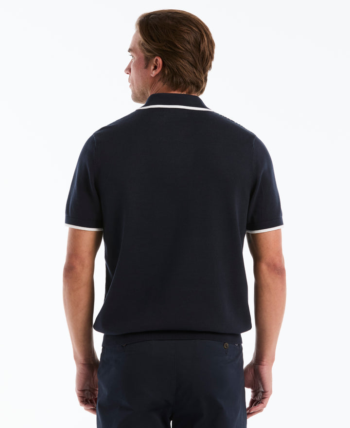 Cotton Geometric Jacquard Sweater Polo (Dark Sapphire) 
