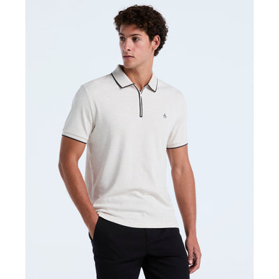 Cotton Interlock 1/4 Zip Tipped Polo (Birch Htr) 