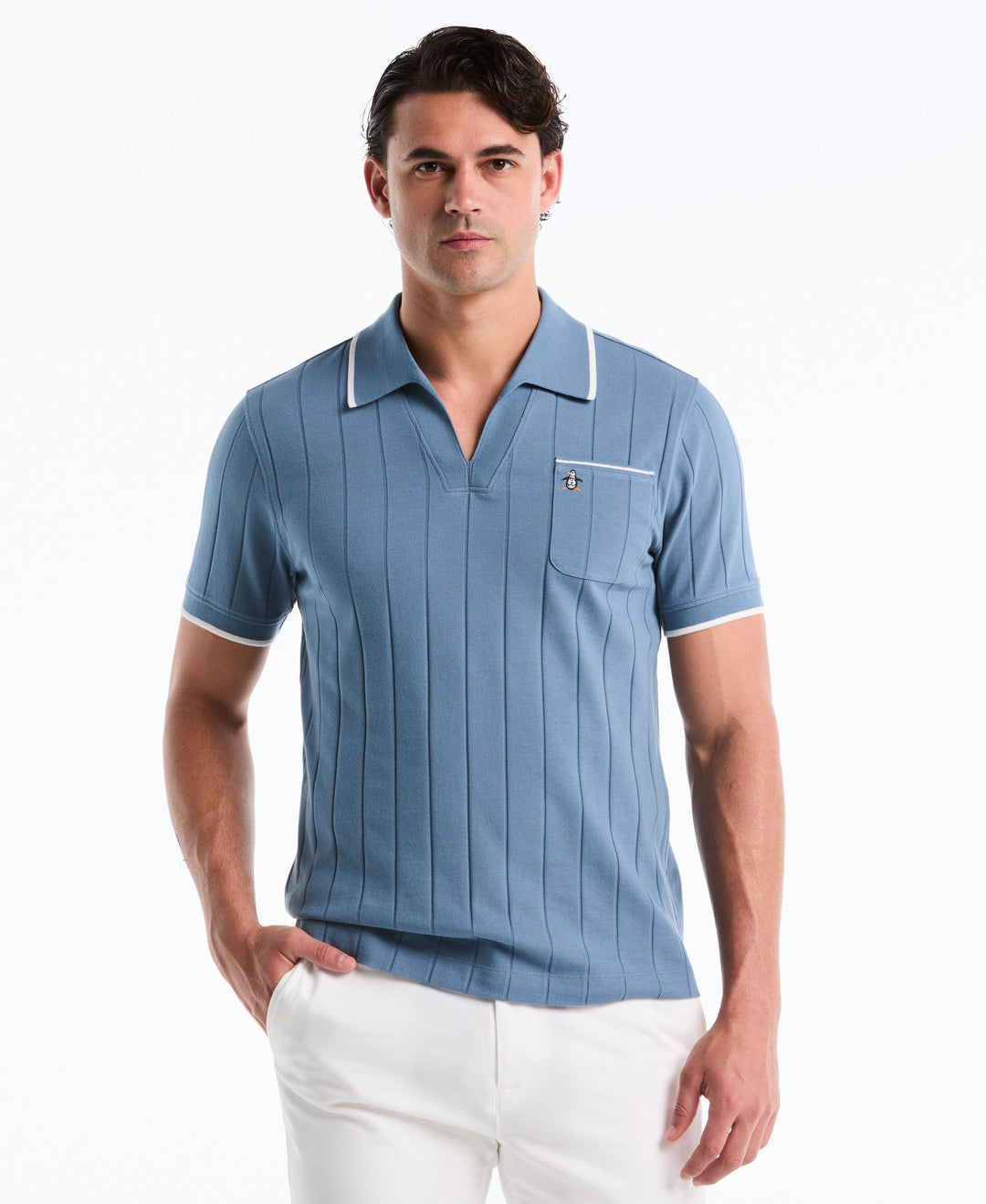Cotton Rib Open Collar Polo (Copen Blue) 