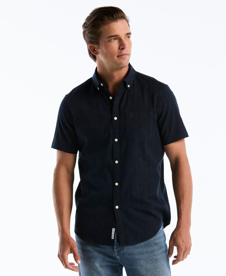 Cotton Short Sleeve Dobby Check Shirt (Dark Sapphire) 