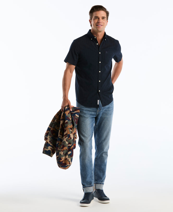 Cotton Short Sleeve Dobby Check Shirt (Dark Sapphire) 