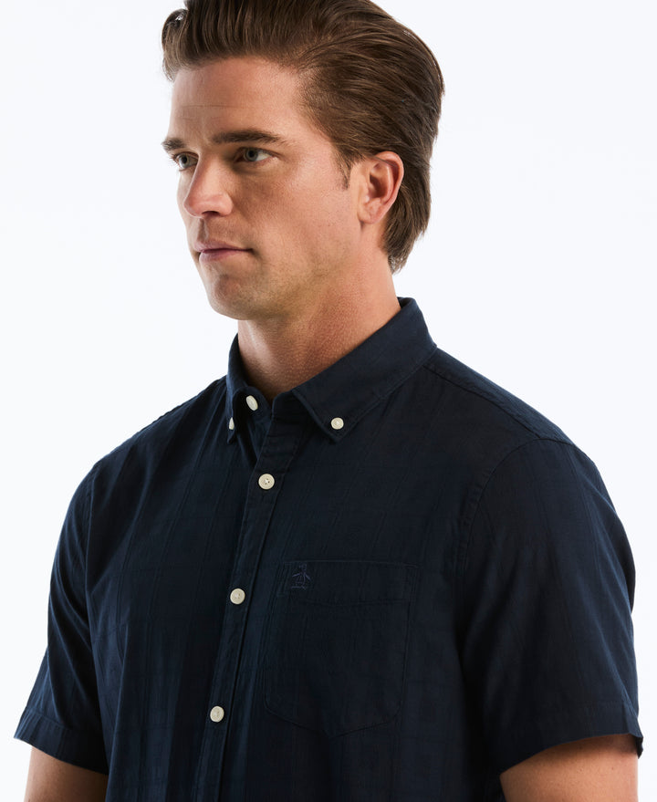 Cotton Short Sleeve Dobby Check Shirt (Dark Sapphire) 