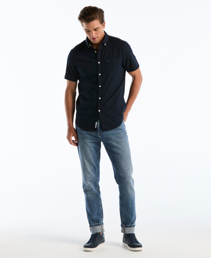 Cotton Short Sleeve Dobby Check Shirt (Dark Sapphire) 