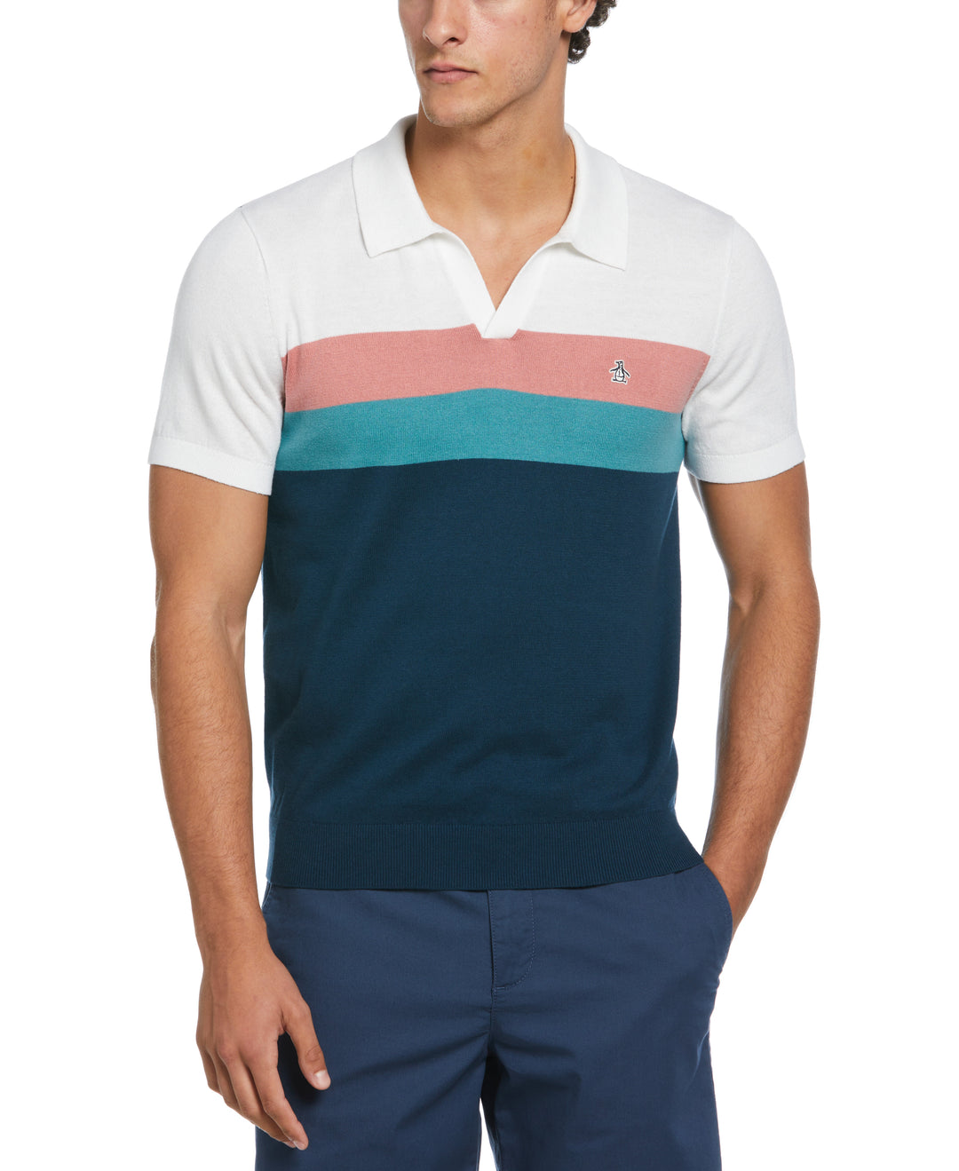 Cotton Jersey Chest Stripe Sweater Polo  (Blue Wing Teal) 