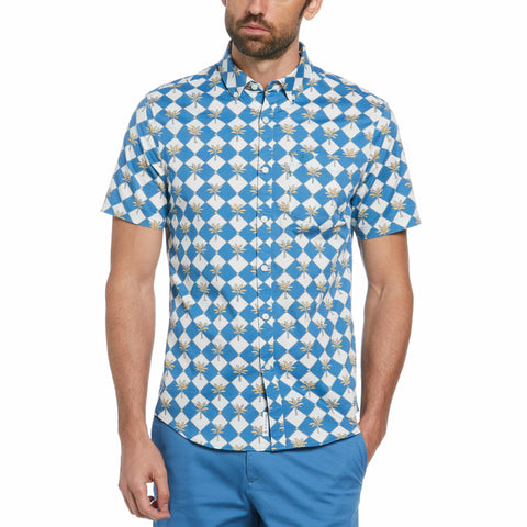Cotton Twill Palm Tree Tile Shirt (Vallarta Blue) 