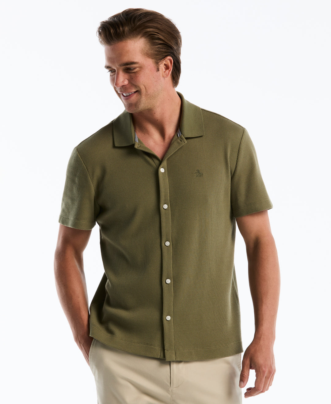 Cotton Waffle Button Front Knit Polo (Dusty Olive) 