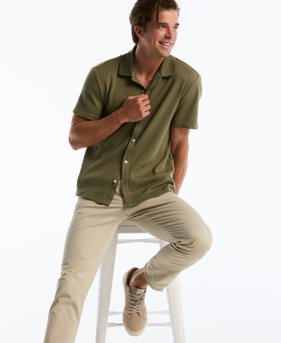 Cotton Waffle Button Front Knit Polo (Dusty Olive) 