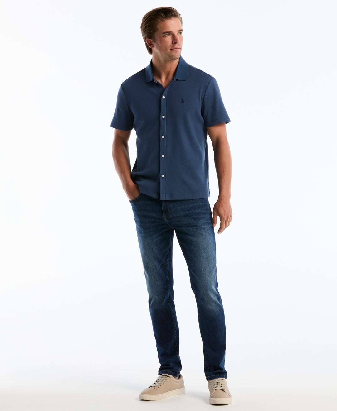 Cotton Waffle Button Front Knit Polo (Sargasso Sea) 