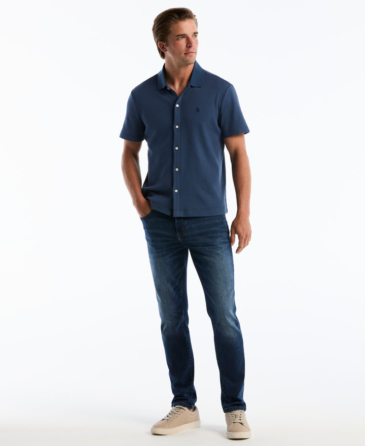 Cotton Waffle Button Front Knit Polo (Sargasso Sea) 