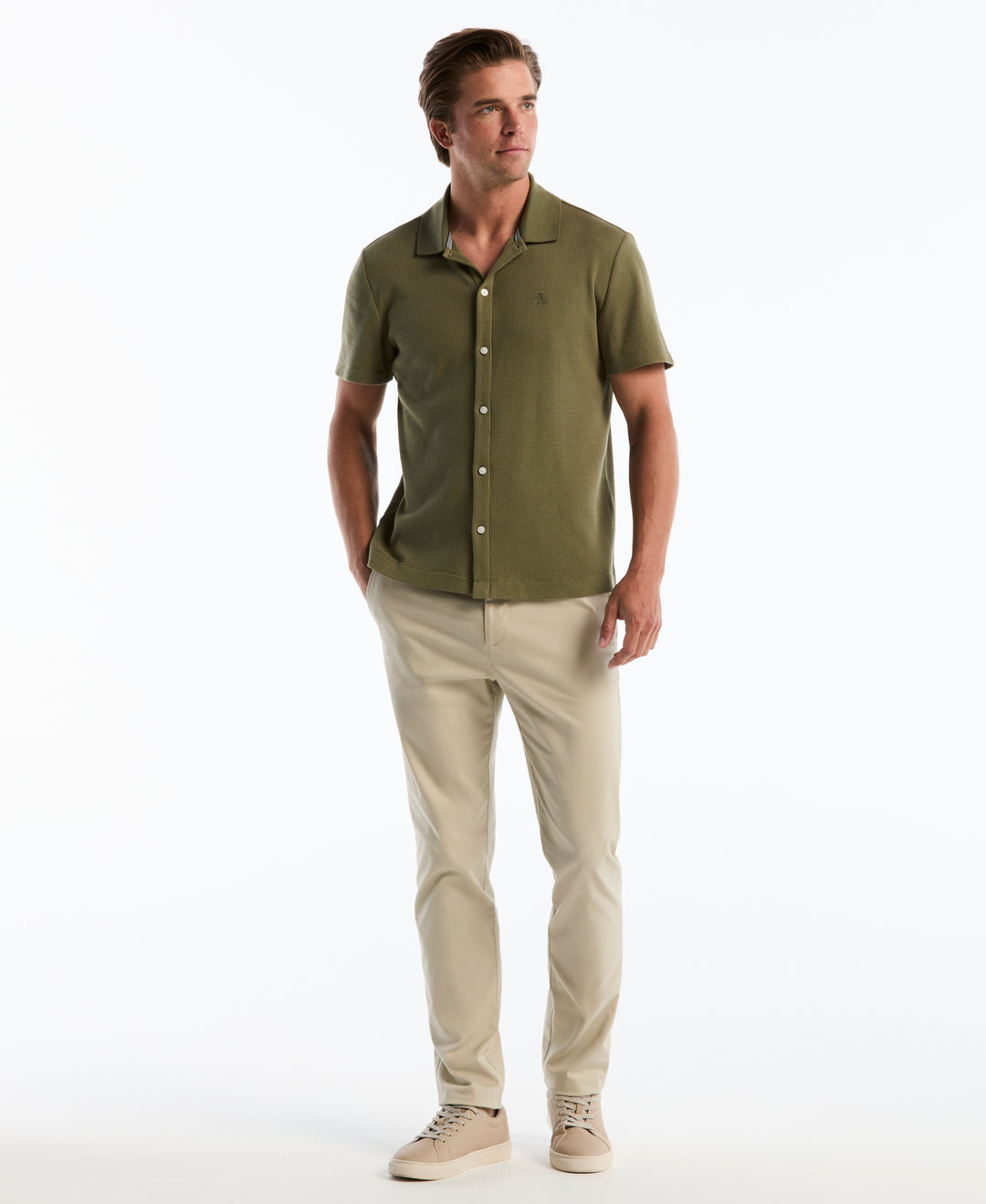 Cotton Waffle Button Front Knit Polo (Dusty Olive) 