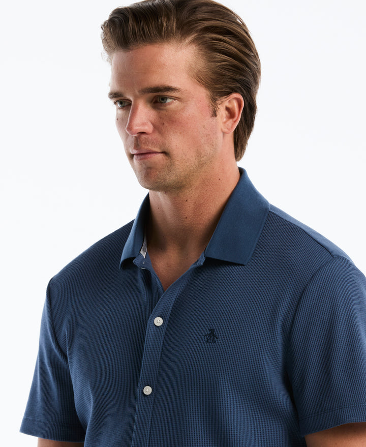 Cotton Waffle Button Front Knit Polo (Sargasso Sea) 