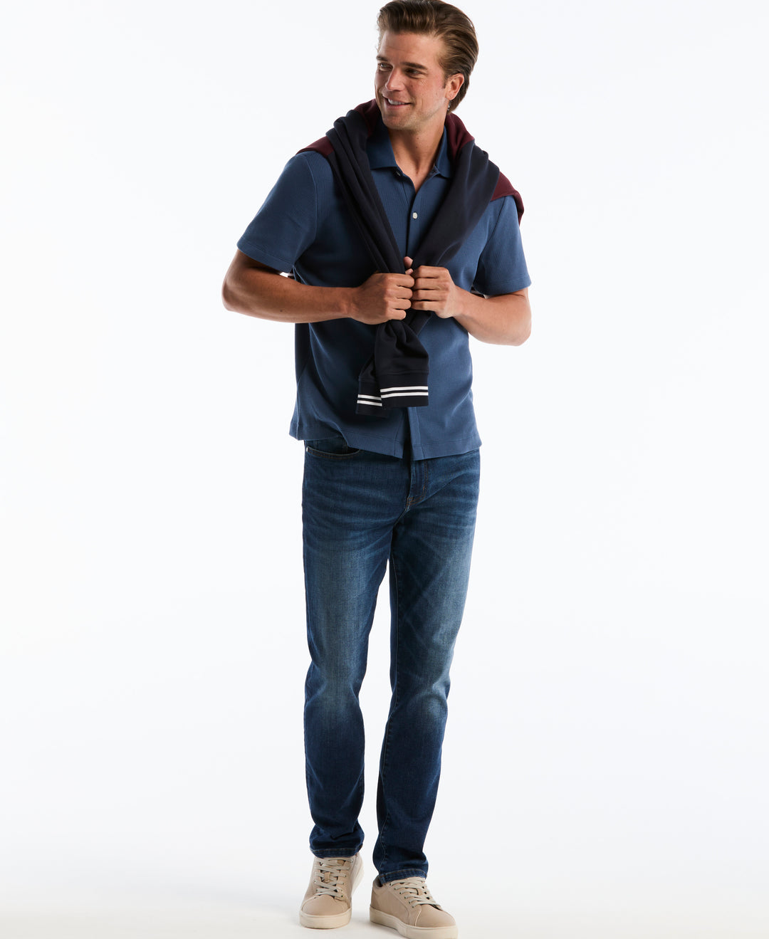Cotton Waffle Button Front Knit Polo (Sargasso Sea) 
