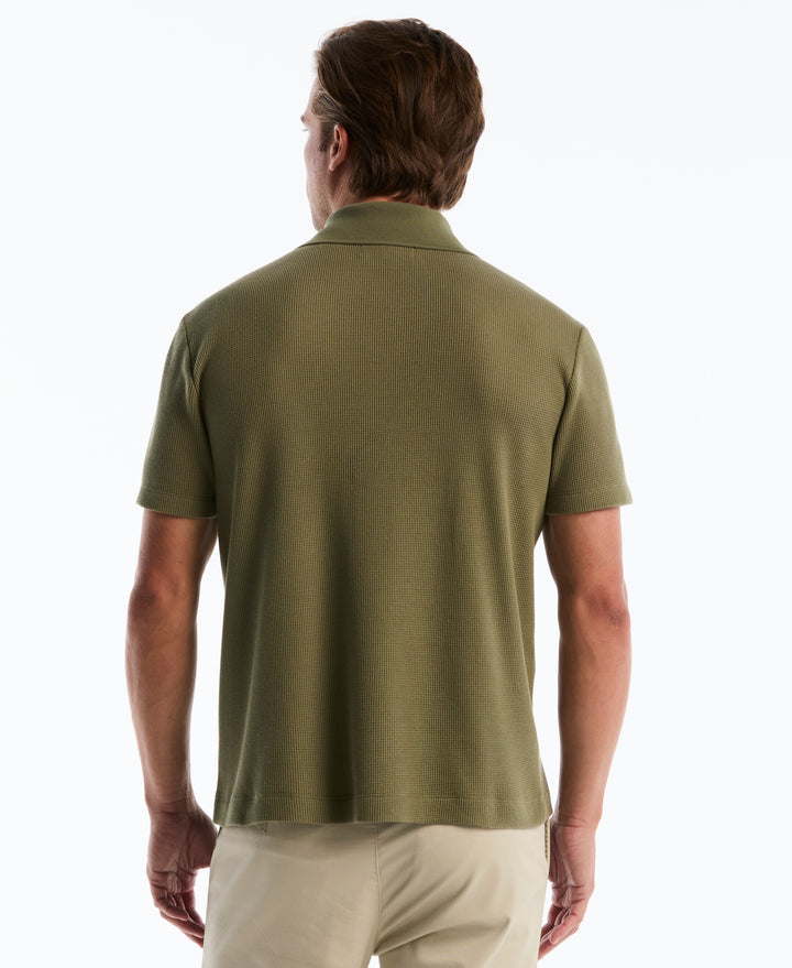 Cotton Waffle Button Front Knit Polo (Dusty Olive) 