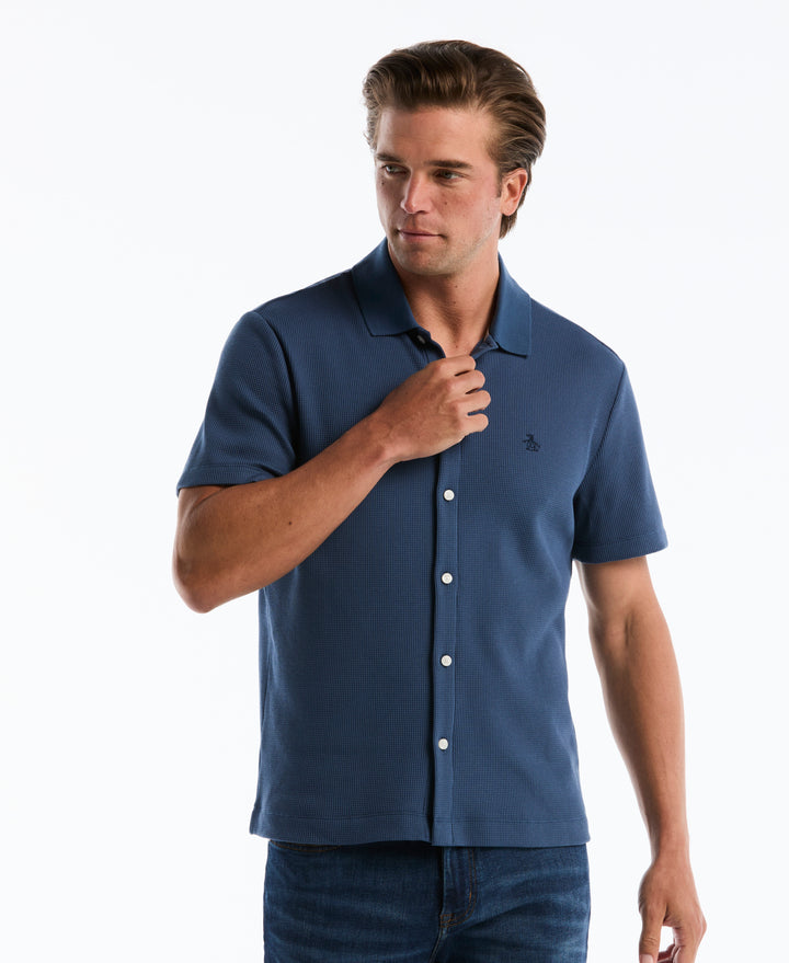 Cotton Waffle Button Front Knit Polo (Sargasso Sea) 