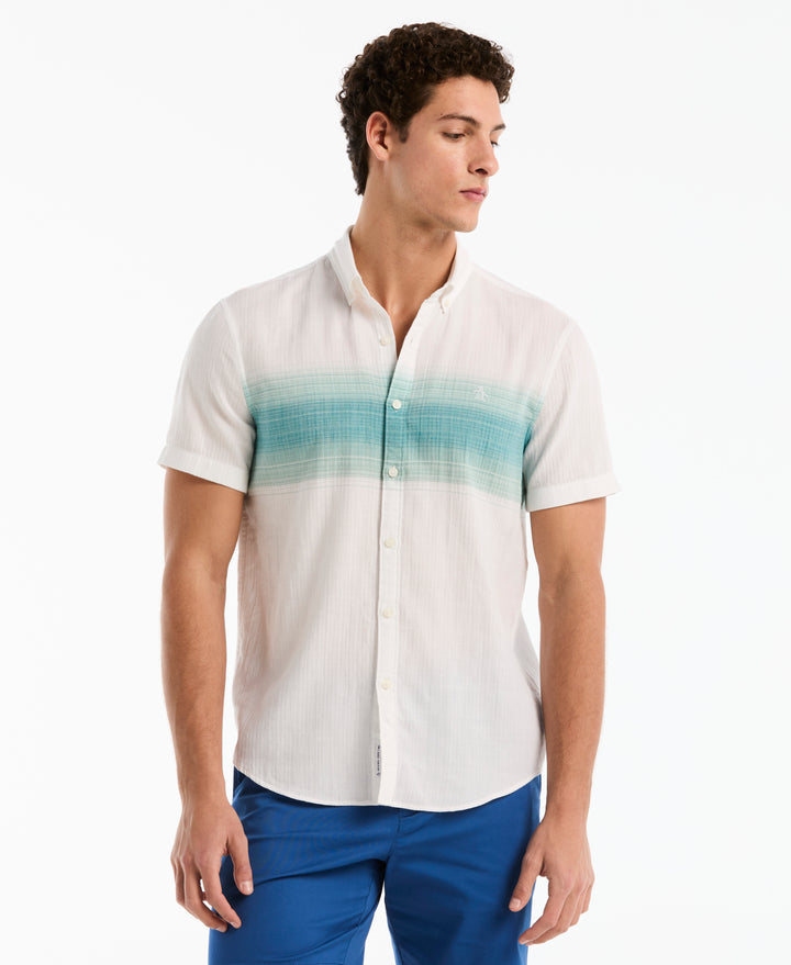 Crinkle Chest Striped Cotton Shirt (Bright White) 