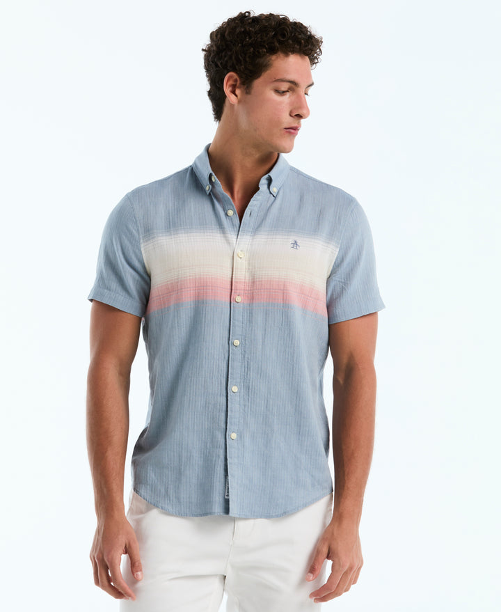Crinkle Chest Striped Cotton Shirt (Copen Blue) 
