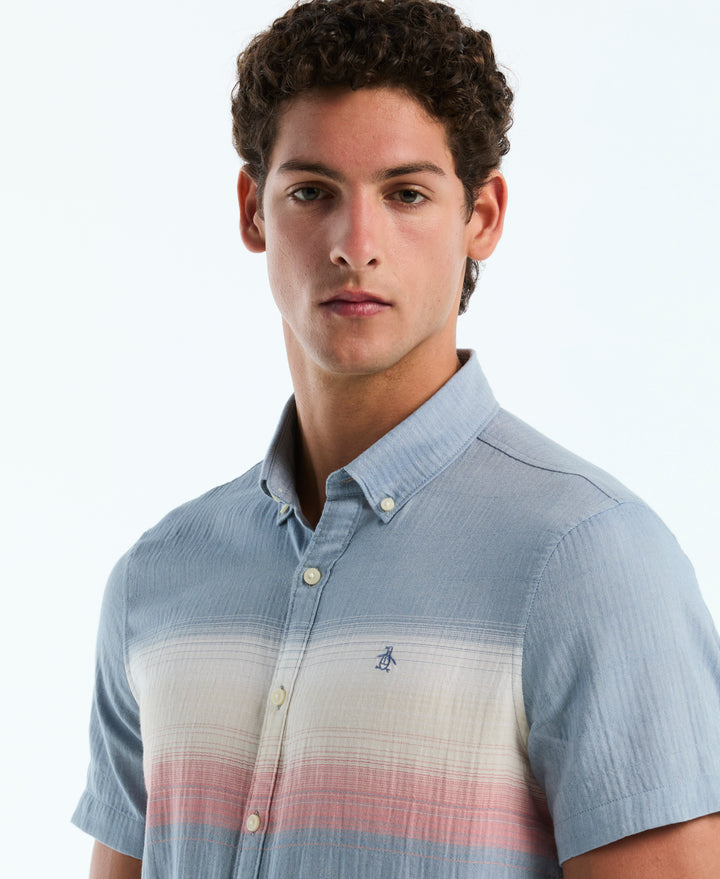 Crinkle Chest Striped Cotton Shirt (Copen Blue) 