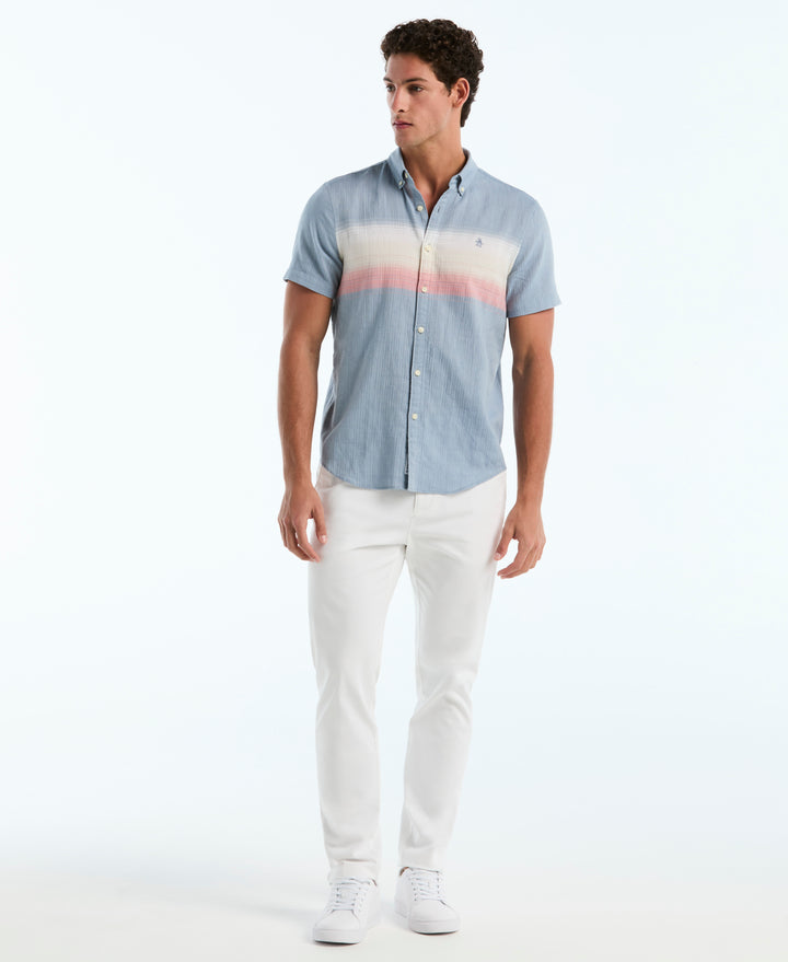 Crinkle Chest Striped Cotton Shirt (Copen Blue) 