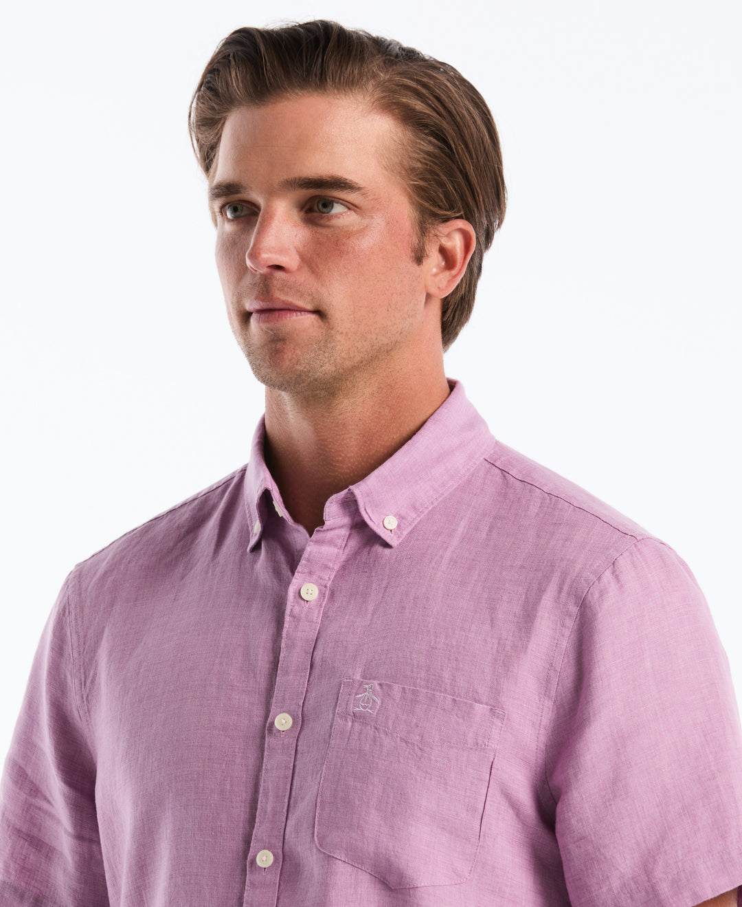 Delave Linen Short Sleeve Button-Down Shirt with Chest Pocket (Lavendula) 