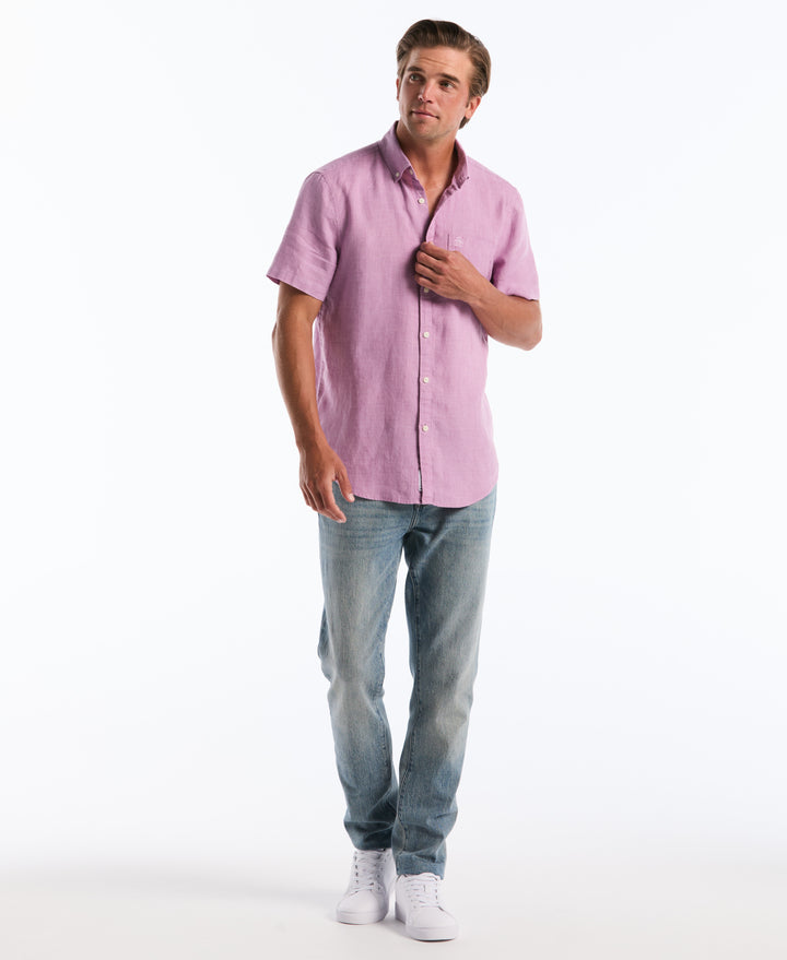 Delave Linen Short Sleeve Button-Down Shirt with Chest Pocket (Lavendula) 